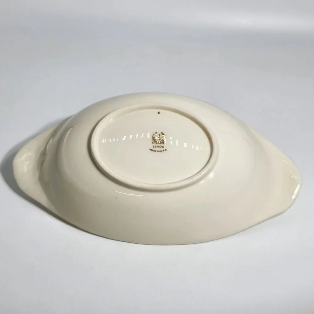 Lenox Vintage Ceramic Oval Serving Dish With Silver Trim and Textured Handles